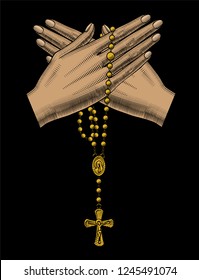 Crossed hand with catholic prayer beads on black. Vintage engraving stylized drawing. Vector illustration