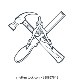 Crossed Hand tools for Carpentry or Construction Labels and Badges. Vector illustration