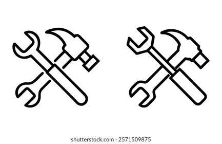 Crossed hand tools icon set, A set of two black outline icons featuring crossed wrenches and hammers, representing tools, construction, and repair themes. 
