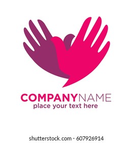 Crossed hands flat logotype with space for company name and text. Vector illustration of pink and violet human palms showing openness and kindness isolated. Logo symbol support and protection concept