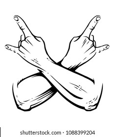 Crossed hands with rock n roll gesture isolated on white. Punk rock hands sign. Vector illustration.