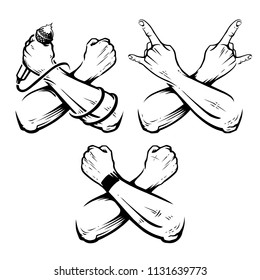 Crossed Hands Rock Vector Set. Hands for rock design isolated on white.