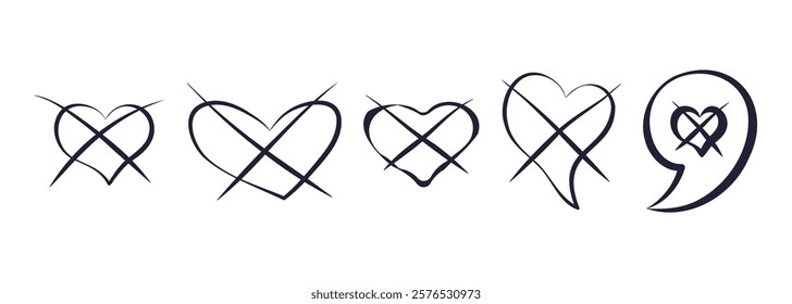 Crossed Hearts and Broken Love Symbols. Hand drawn crossed-out hearts and broken love symbols in sketch style isolated on white background. Doodle elements for romance, breakup relationship concept.