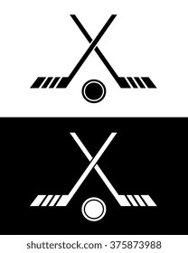 Crossed Hockey Stick and Puck Icon Set in Black and Reverse