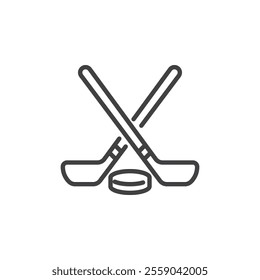 Crossed hockey stick and puck line icon. linear style sign for mobile concept and web design. Ice hockey stick and puck outline vector icon. Symbol, logo illustration. Vector graphics