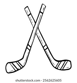 Crossed hockey sticks hand drawn doodle. Sports equipment. Tool for throwing, passing puck. Stick with flat hook. Winter game. Match. Vector line art illustration.