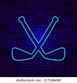 Crossed hockey sticks neon icon. Hockey equipment. 