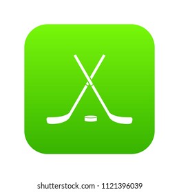 Crossed hockey sticks and puck icon digital green for any design isolated on white vector illustration