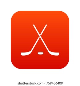 Crossed hockey sticks and puck icon digital red for any design isolated on white vector illustration
