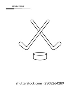 Crossed Hockey Sticks And Puck Line Icon Vector Design.