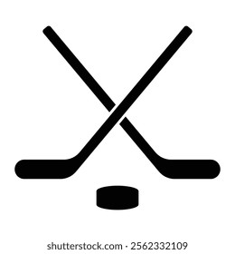 Crossed hockey sticks and puck vector icon. Ice hockey symbol for sports, winter games, and team competition. Black silhouette isolated on white background.