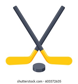 Crossed hockey sticks and puck, vector illustration in flat design