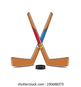 Crossed Hockey Sticks and Puck. Winter sports element isolated on white. Eps 10 vector illustration.