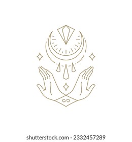 Palmas humanas cruzadas spa relajación meditación media luna joyería brillante insignia línea dorada icono vector ilustración. Manos infinito espiritual de wellness estudio spa diseño emblema de relajación