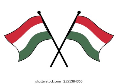 Crossed Hungarian Flags on Flagpoles for Minimalist Sticker, Signage, or Logo Design, Editable and Scalable Vector Illustration in EPS Format on White Background