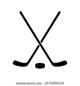 Crossed ice hockey puck and stick silhouette icon vector illustration design on white background.