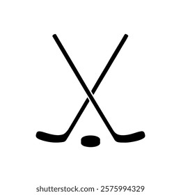 Crossed ice hockey stick and puck silhouette icon vector illustration design on white background.