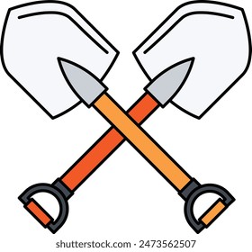 Crossed industrial spade tool concept, Pair of Curved Shovel with Long wooden Handle vector outline design, Industrial Equipment Symbol, 1st of May Sign, International Workers Day stock illustration