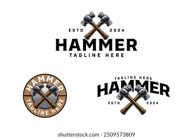 design de logotipo de martelo de ferro cruzado para artesão e trabalhador handyman profissional com símbolo de martelo de aço cruzado logotipo moderno. conjunto de ferramenta de martelo emblema logotipo ilustração