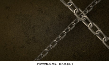 Crossed iron rusty chain on dark earth, industrial element