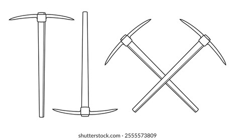Crossed and Isolated Pickaxes. Vector Silhouette and Logo Template in Outline Style