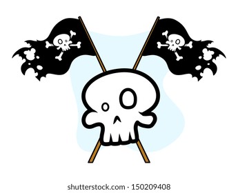 Crossed Jolly Roger Flag with Skull - Vector Cartoon Illustration