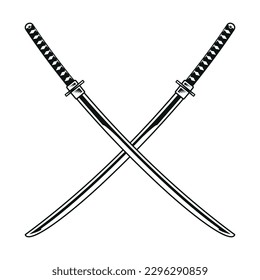 Crossed katana swords vector. Black and white Japanese swords isolated on white.