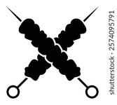 Crossed kebabs on skewers vector icon. Perfect for barbecue, grill, or outdoor cooking themes. Black silhouette isolated on white background.
