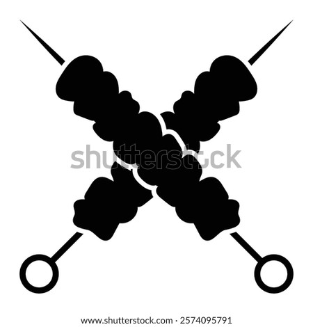 Crossed kebabs on skewers vector icon. Perfect for barbecue, grill, or outdoor cooking themes. Black silhouette isolated on white background.