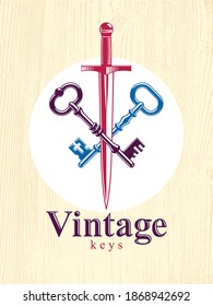 Claves cruzadas y emblema del símbolo del vector daga, llaves y espada, secretos protegidos, poder asegurado, logotipo o emblema vintage antiguo.