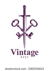 Crossed keys and dagger vector symbol emblem, turnkeys and sword, protected secrets, secured power, ancient vintage logo or emblem.