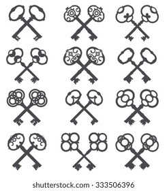 Crossed keys, key icon. Set silhouettes of old keys
