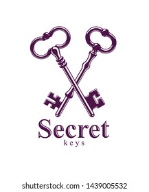 Crossed keys, protected secret, electronic data protection, keys to heaven, hotel label, vintage antique turnkeys vector logo or emblem.