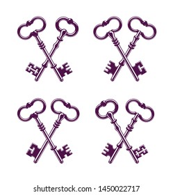 Crossed keys, protected secret, electronic data protection, keys to heaven, hotel label, vintage antique turnkeys vector logo or emblem.