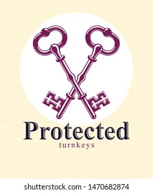 Crossed keys, protected secret, electronic data protection, keys to heaven, hotel label, vintage antique turnkeys vector logo or emblem.