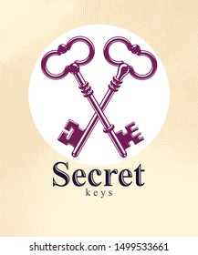 Crossed keys, protected secret, electronic data protection, keys to heaven, hotel label, vintage antique turnkeys vector logo or emblem.