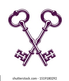 Crossed keys, protected secret, electronic data protection, keys to heaven, hotel label, vintage antique turnkeys vector logo or emblem.