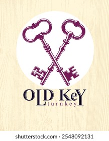 Crossed keys, protected secret, electronic data protection, keys to heaven, hotel label, vintage antique turnkeys vector logo or emblem.