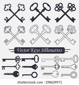 Crossed keys set, linear and silhouettes label, decorative design - vector illustration