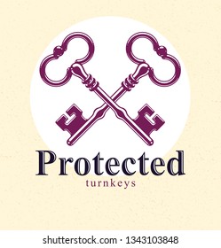 Crossed keys, vintage antique turnkeys vector logo or emblem, protected secret, electronic data protection, keys to heaven, hotel label, keep secret.