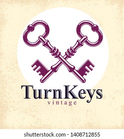 Crossed keys, vintage antique turnkeys vector logo or emblem, protected secret, electronic data protection, keys to heaven, hotel label, keep secret.