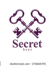 Crossed keys, vintage antique turnkeys vector logo or emblem, protected secret, electronic data protection, keys to heaven, hotel label, keep secret.