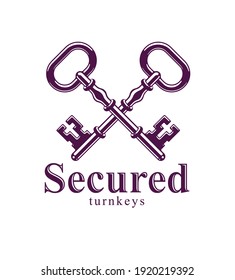Crossed keys, vintage antique turnkeys vector logo or emblem, protected secret, electronic data protection, keys to heaven, hotel label, keep secret.