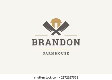 Crossed kitchen ax at ranch house livestock farm local market minimalist vintage logo design template vector illustration. Agriculture business production organic fresh meat branding mark