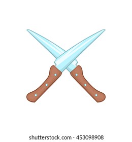 Crossed kitchen knifes icon in cartoon style on a white background