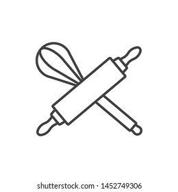 Crossed kitchen utensils, rolling pin and mixer, whisk line icon. 