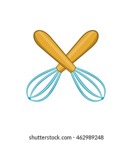 Crossed kitchen whisks icon in cartoon style on a white background