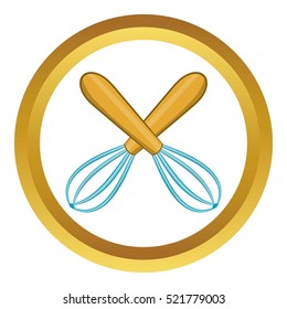 Crossed kitchen whisks vector icon in golden circle, cartoon style isolated on white background