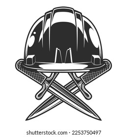 Crossed knife and business builder hard hat from new construction and remodeling house in vintage monohrome style illustration