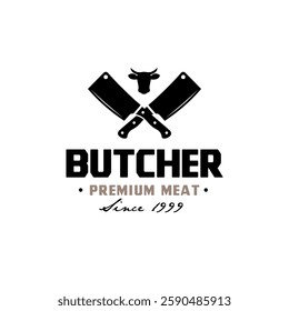 Crossed Knife with cow Head for Vintage Retro Butcher shop label logo design